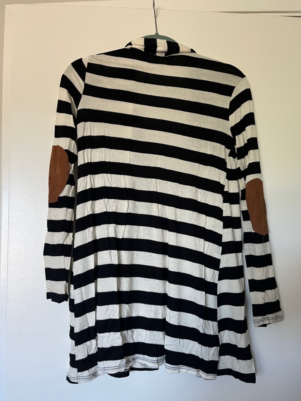 Striped Black and White Open-Front Cardigan with Brown Elbow Patches - Picture 2 of 4